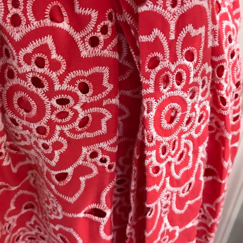 Trina Turk Off-Shoulder Coral Pink Eyelet Maxi Dress - Picture 4 of 6